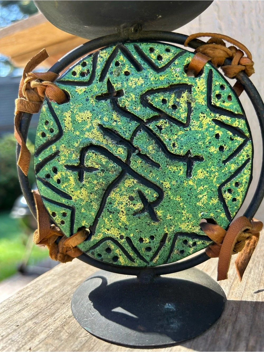 Rustic Green Mosaic Candle Holder with Red Pillar Decorative candleholder